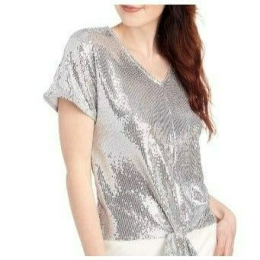 MSK ALLOVER TIE FRONT TOP, SZ XL, NWT
